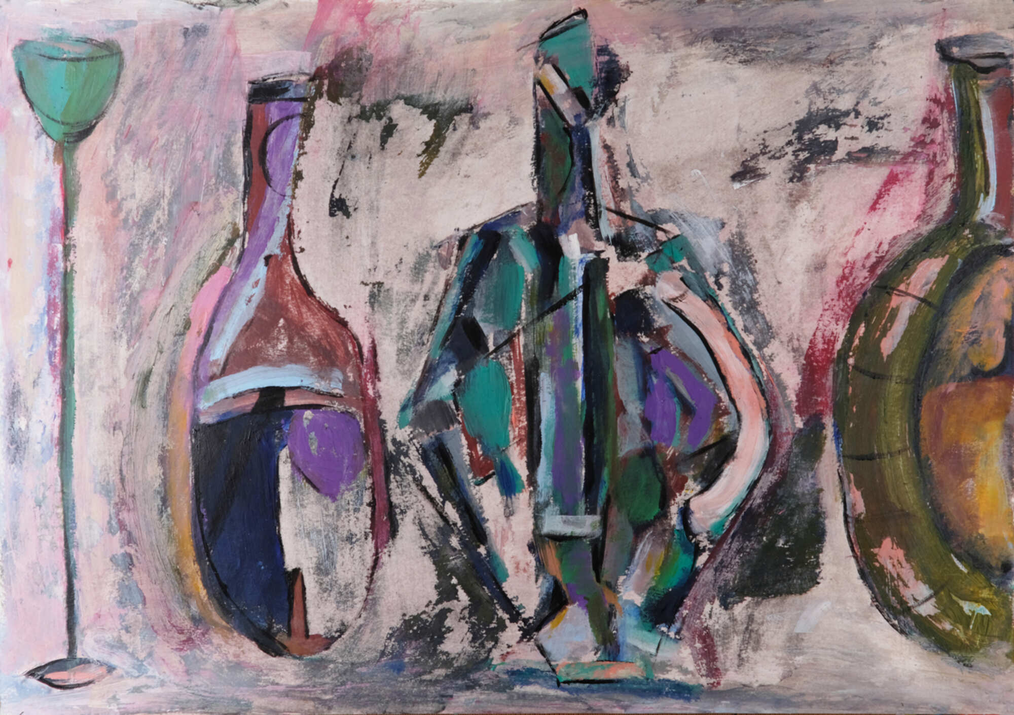 Современный живописный натюрморт с бутылками