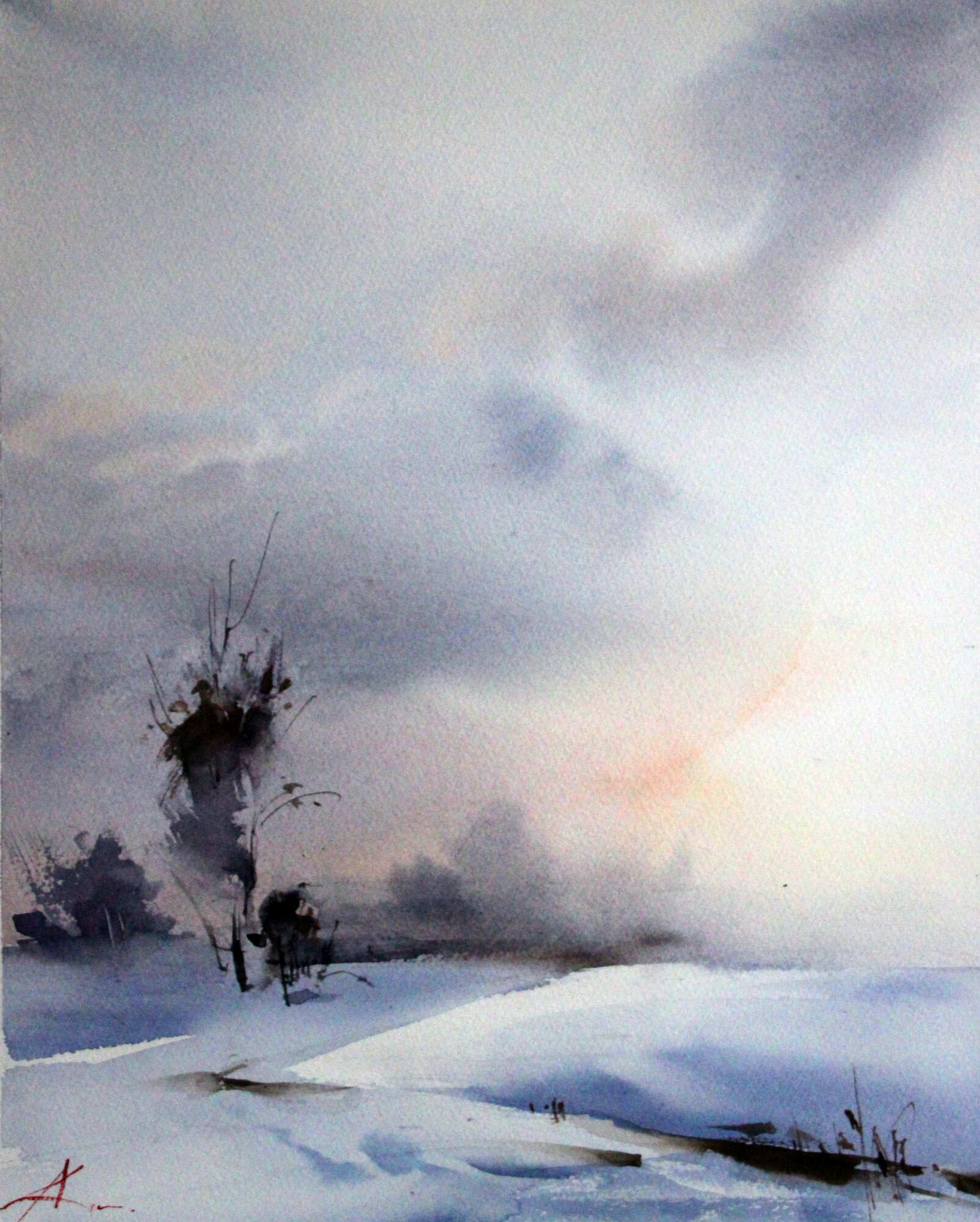 зимний пейзаж картина акварель