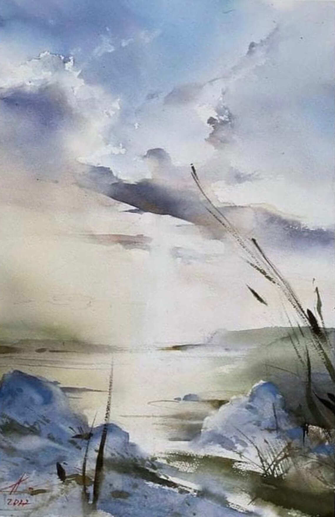 зимний пейзаж картина акварелью