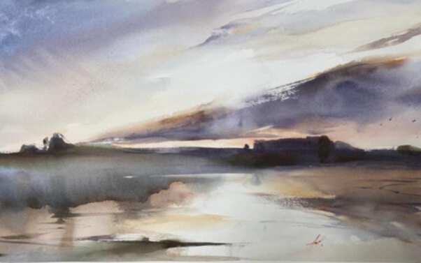 пейзаж с закатом акварелью