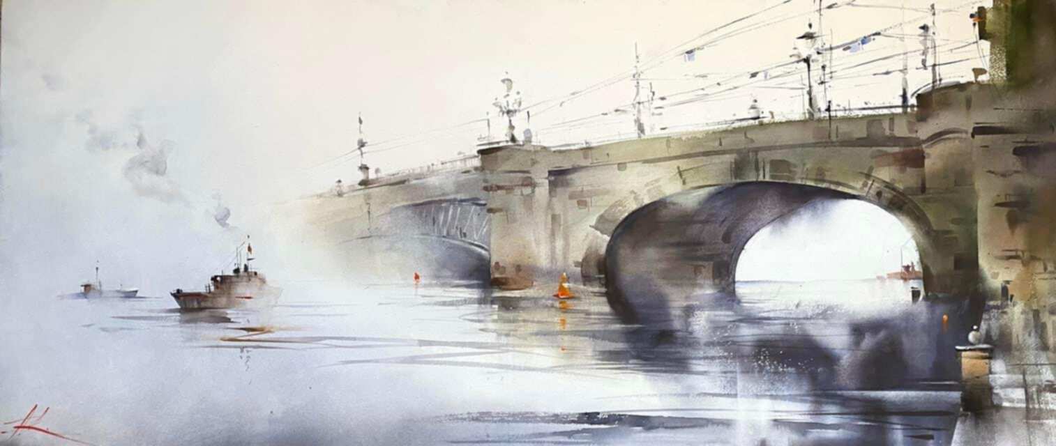 картина мост акварель